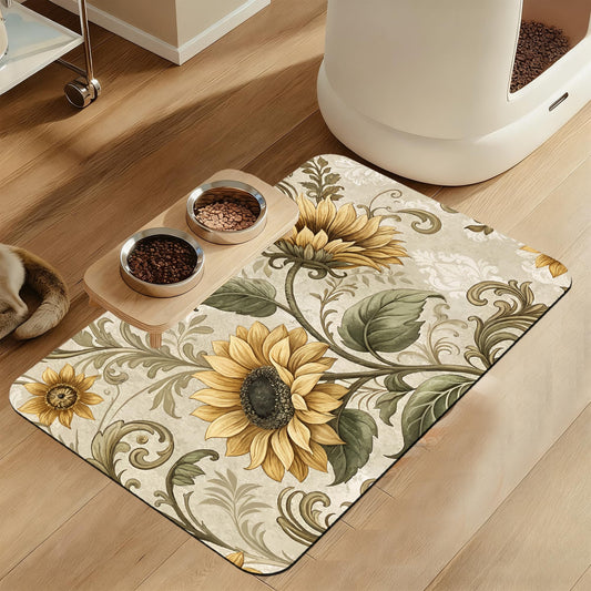 Vintage Sunflower Pet Feeding Mat for Floors–Absorbent Quick Dry Dog Cat Bowl Mat for Food and Water, Non Slip Waterproof Base, Mess-Free Feeding Accessories 16"x24"
