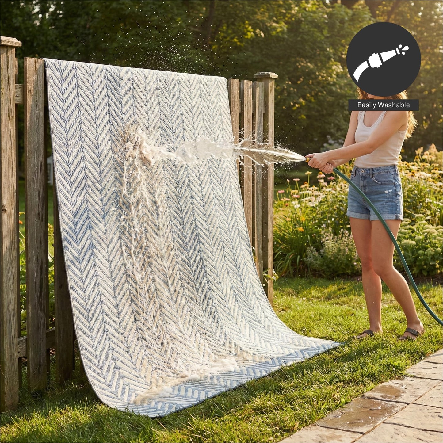 FH Home Outdoor Camping Rug - Waterproof, Fade Resistant, Reversible - Premium Recycled Plastic - Herringbone - Large Patio, Deck, Sunroom, RV - Fresno - Light Blue - 4 x 6 ft Foldable
