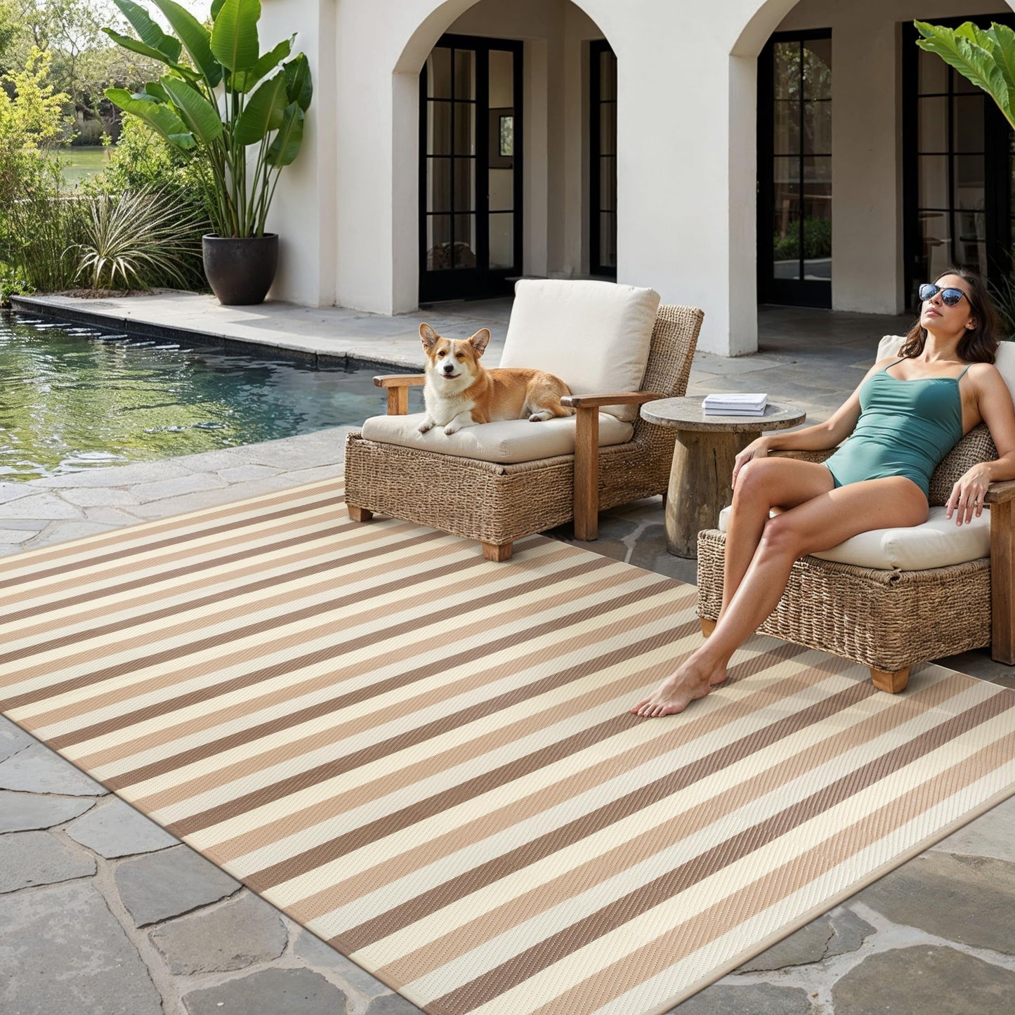 PureCozy Outdoor Waterproof Patio Rug 5x8 Plastic Straw Reversible Outside Beige Striped Carpet Lightweight Large Rug for Camping RV Porch Deck Balcony Beach