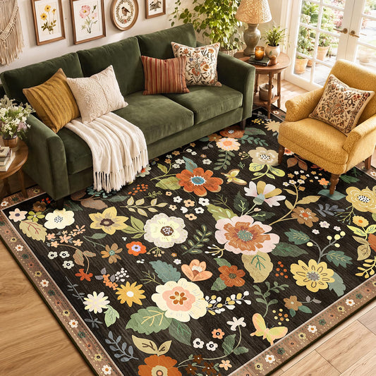 RELEANY Floral 6x9 Area Rugs Washable Print Boho Cute Carpet Non Slip Flower Low Pile for Living Room Bedroom Kitchen Office Farmhouse-Black/Yellow/Red