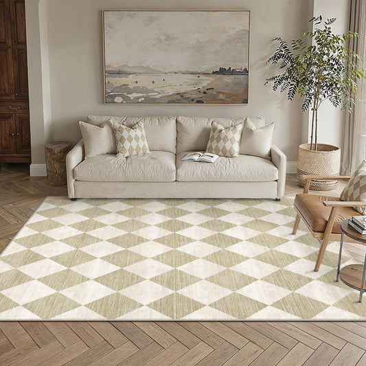WondRg 5x7 Checkered Beige Area Rug for Living Room Bedroom Washable Soft Modern Non Slip Thin Throw Rug Lightweight Low Pile Neutral Carpet Dining Room Nursery Playroom Office