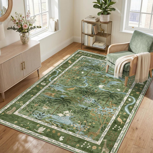 Washable Area Rug 5x7 Green Animal Print Rugs for Nursery Non Slip Stain Resistant Forest Fairy Tale Throw Carpet Low Pile Whimsical Safari Area Rugs for Entryway Girls Bedroom Dining Room, Green