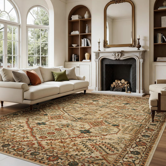 Joydeco 3x5 Area Rugs for Living Room, Non Slip Machine Washable Vintage Rug, Low Pile Chenille Print Rugs for Bedroom, Dining Room, Home Office, Pet & Child Friendly, Tan