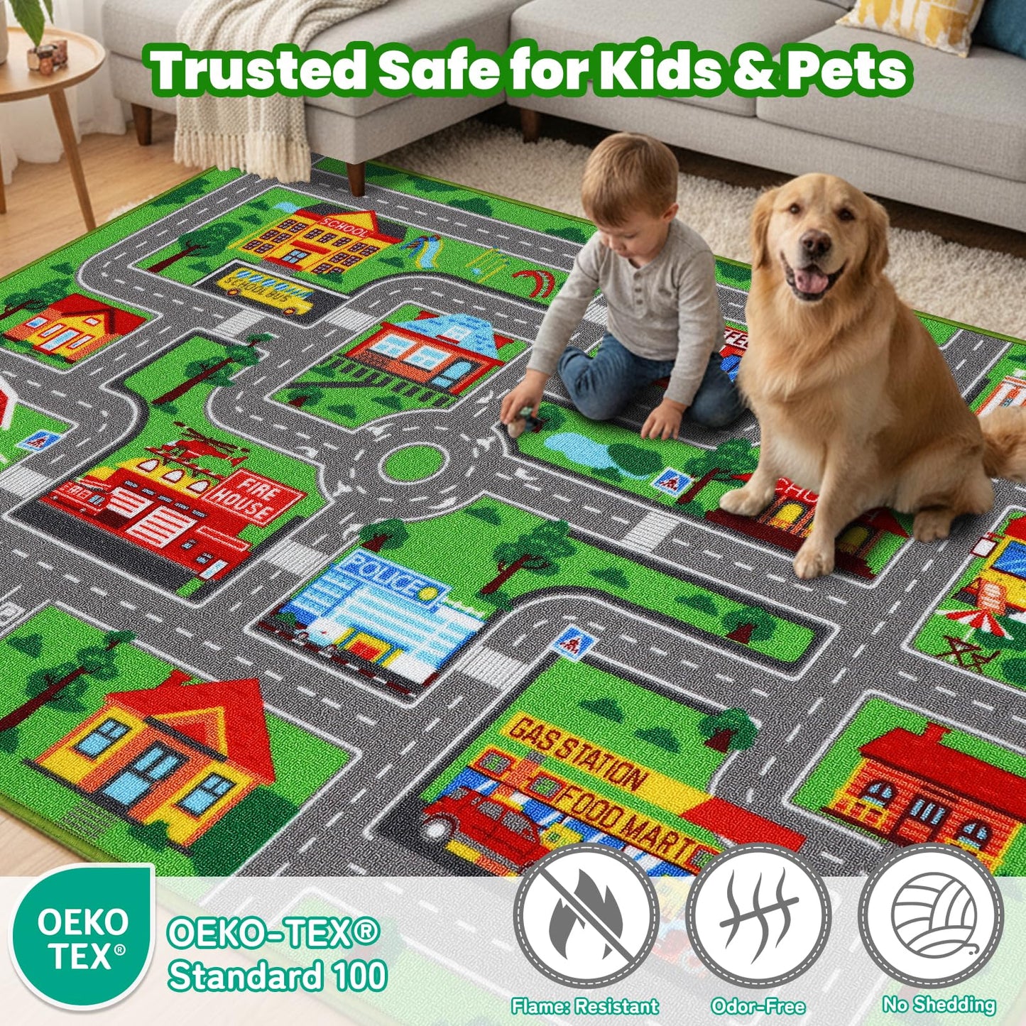 Kids Carpet Playmat Rug 59"x39.4", Car Rug for Kids Cars, Non-Slip Town City Road Map Kids Rugs for Playroom Bedroom Boys, Kids Cars Play Mat Track Road Rugs for Kid(59X39.4Inch,Green)