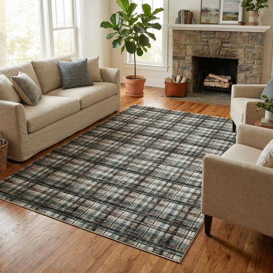 MilleLoom Washable Rug 4x6 Plaid Rugs for Bedroom Vintage Non-Shedding Neutral Floor Mat Indoor Soft Non Slip Carpet Low Pile Foldable Thin Rugs for Living Room Dining Nursery Office Teal Brown