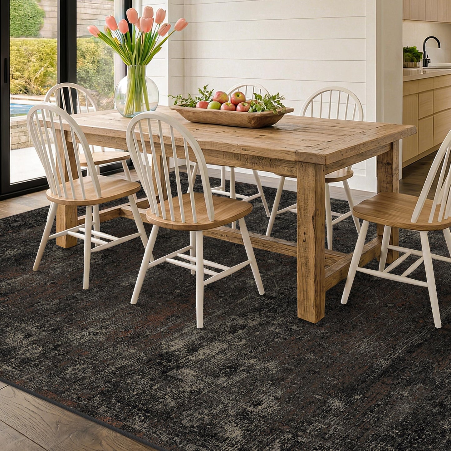 TALANOVA Black Farmhouse Washable 8x10 Area Rugs for Living Room, Dark Charcoal Volcanic Textured Large Rug for Bedroom, Non-Slip Stain Resistant for Dining Room Office Décor