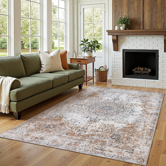 jinchan Area Rug 5x7 Washable Living Room Rug Vintage Traditional Distressed Lightweight Thin Retro Indoor Floor Cover Non Slip Floral Carpet for Bedroom Dining Room Bathroom Kitchen Office Taupe