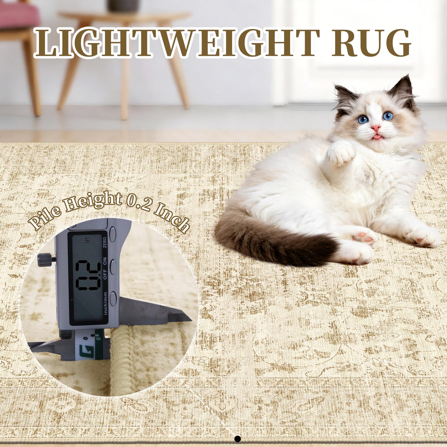 TTelephant Beige Living Room Rugs 8x10, Neutral Vintage Boho Carpet for Bedroom and Dining Room, Low Pile Nursery Indoor Area Rug with Non-Slip Silicone Backing, Non-Shedding