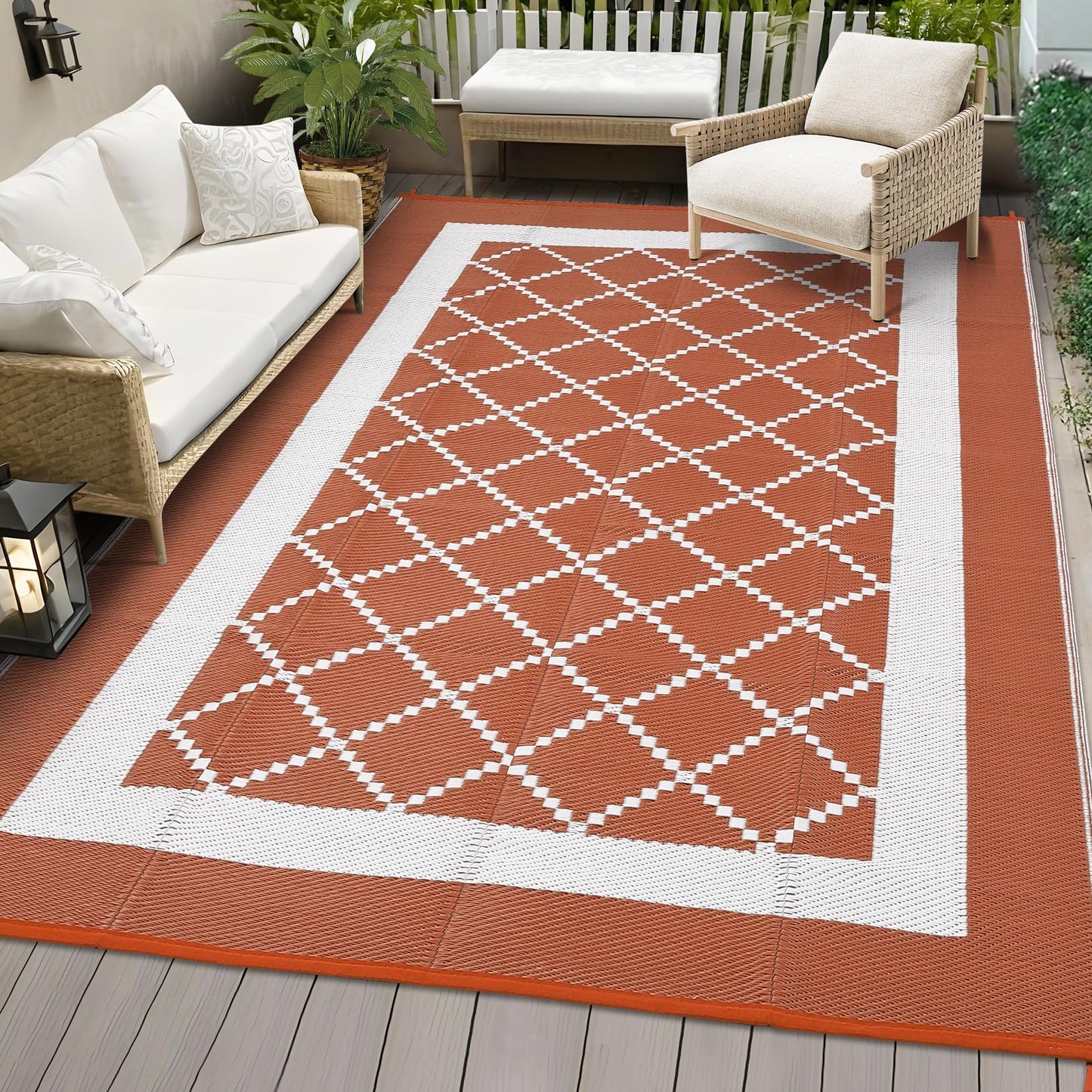 MilleLoom 9x12 Outdoor Rug Waterproof Foldable Plastic Straw Carpet for Patio Porch Modern Geometric Reversible Mat Lightweight Floor Mat for Picnic, Backyard, Rv, Beach, Deck, Camper, Balcony，Orange