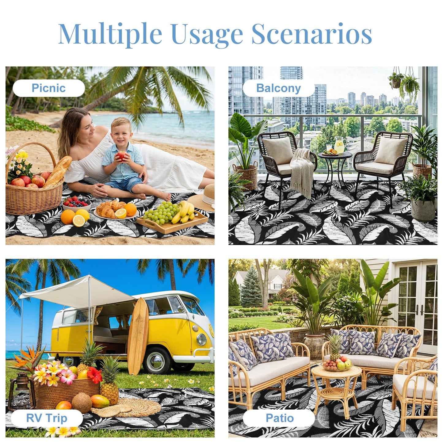 OPPODREAM Reversible Outdoor Rug 8x10, Waterproof Outdoor Plastic Straw Rug for Patio, Tropical Leaf RV Camping Rugs for Outside, Deck, Balcony, Porch, Backyard, Camping, Rv, Black and White