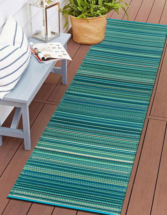 Rugshop Contemporary Stripe Reversible Crease-Free Waterproof Premium Recycled Plastic Outdoor Rugs for Patio,Backyard,RV,Deck,Picnic,Trailer,Beach,Camping Rug 2' 7" X 8' Blue