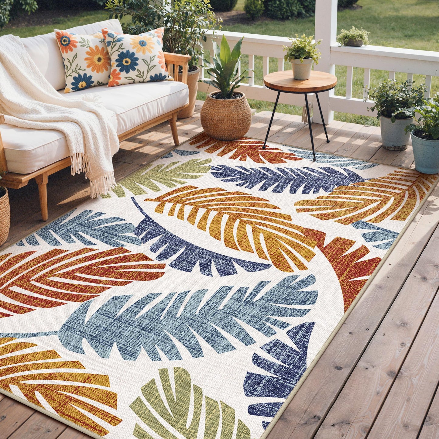 GENIMO Outdoor & Indoor Area Rug 5'x8', Waterproof, Non-Shedding, Easy Cleaning, Leaf Mat for Patio, Living Room, Balcony, Dining Room, RV, Deck, Bedroom, Camping, Outside Carpet, Rust Navy