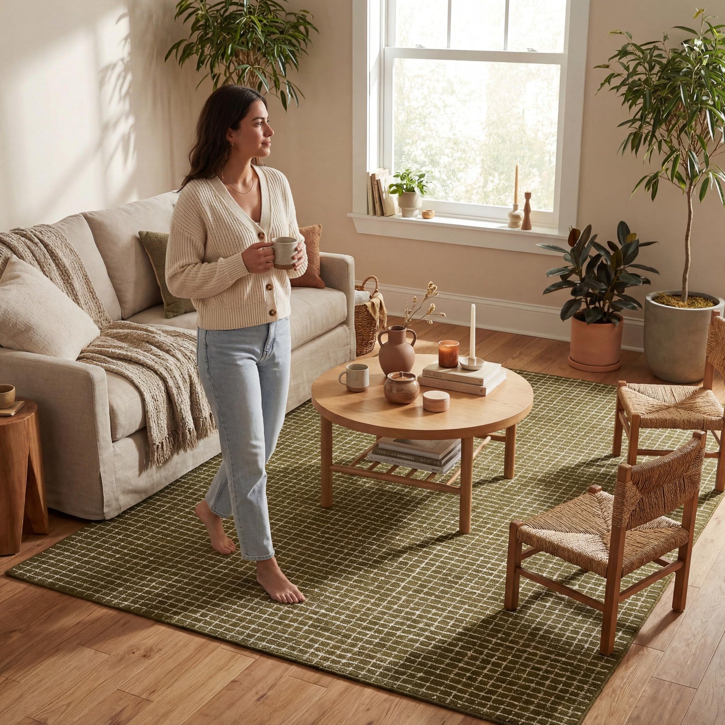 Rugs USA Melrose Moss/Ivory, 6' x 9', Handmade, Checked, Wool, Soft and Cozy, High Traffic, Stain Resistant, Easy Clean, Durable Area Rug for Bedroom, Living Room, Dining, Den, Entryway
