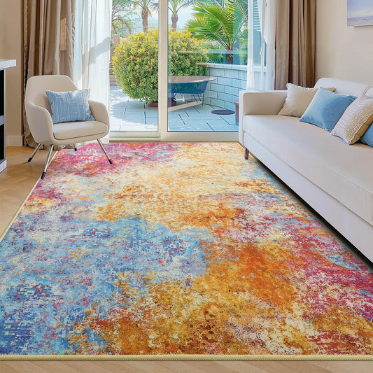 Kelarea Living Room Rug, 4x6 Modern Abstract Washable Rugs, Colorful Soft Non Slip Low Pile Carpet, Stain Resistant Rugs for Bedroom, Dining Room, Nursery, Home Office