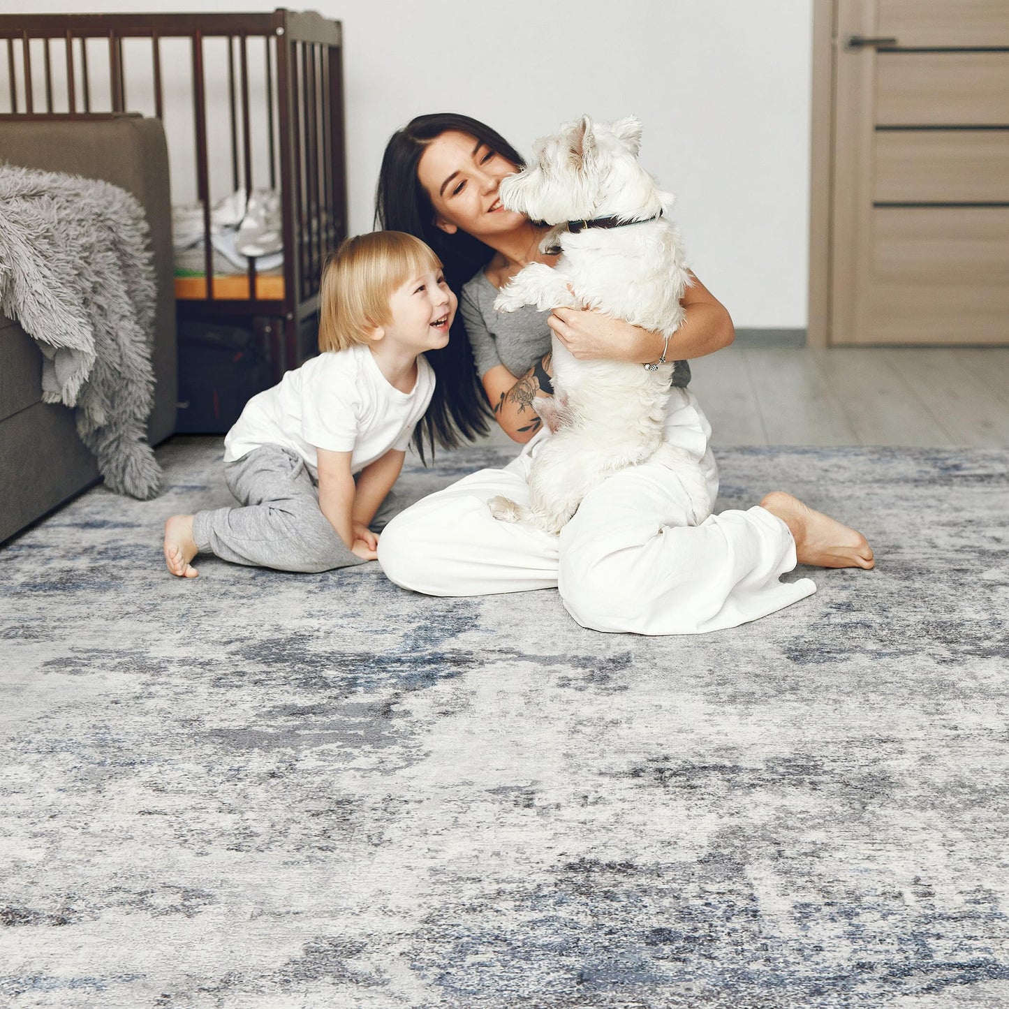 DMOYEST 10x14 Area Rug for Living Room, Washable & Non Slip Large Indoor Carpet, Kid & Pet Friendly Soft Thin Low Pile Abstract Rug for Bedroom and Office - Grey Blue