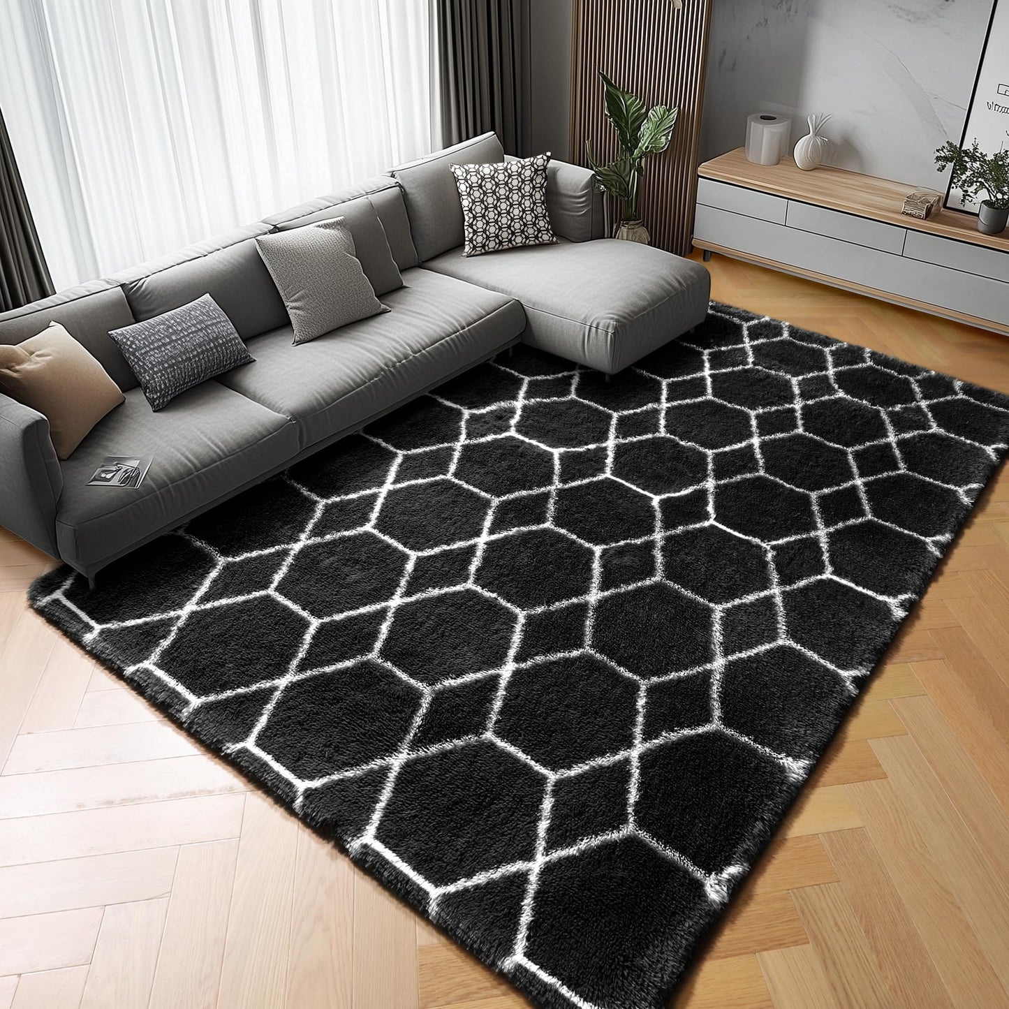ONASAR 5x7 Area Rugs for Living Room Bedroom, Fluffy Black and White Rug, Geometric Boho Soft Plush Shaggy Floor Carpet Mat for Nursery Kids Girls Boys Teen Dorm Home Decor Aesthetic