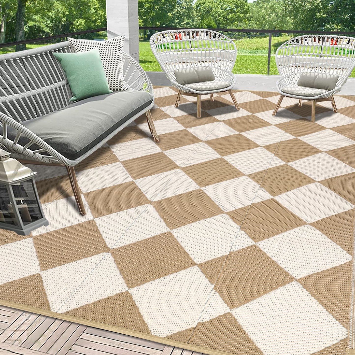 HEBE Checkered Outdoor Rug Waterproof 8x10, Reversible Plastic Straw Rug RV Camping Rug, Indoor Outdoor Patio Mat Clearance, Outside Carpet for Porch,Deck,Camper,Balcony,Backyard,Picnic