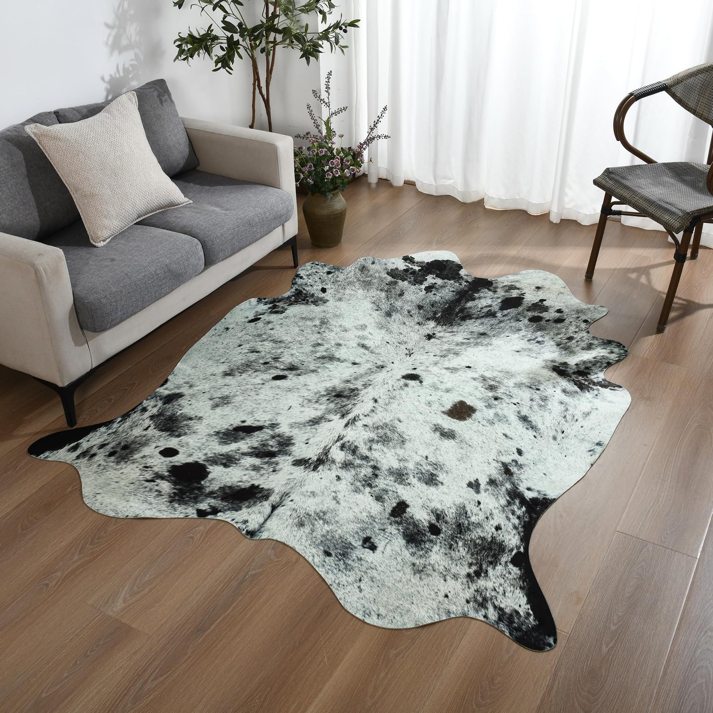 SUNYIWEI Faux Cowhide Rug, 5.2 x 6.2 ft Cowhide Rug for Living Room, Bedroom, Wall - Non-Slip,Gray White Black