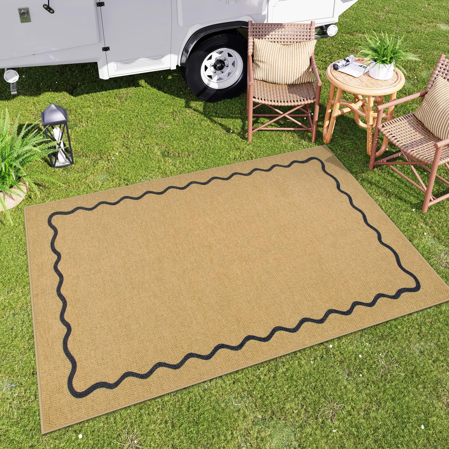 Sungea Outdoor Patio Rug 5x7 Washable Easy Jute Rug, Non-Skid Scalloped Geometric Floor Mats for Living Room, Neutral Modern Foldable Low-Pile Minimalism Carpet for Bedroom Backyard Home Decor