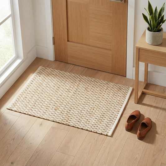 Jute Cotton Hand Woven Rug 2x3 Feet - Natural, Farmhouse Boho Neutral Fiber Floor Rugs Ideal for Entryway, Kitchen, Bedroom, Nursary Room | Beige Reversible Small Area Door Mat for Indoor Outdoor Use