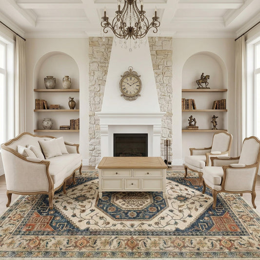 9x12 Area Rug, Traditional Tree of Life, Octagonal Medallion, Floral Vines, Non Slip, Machine Washable, Faux Cashmere, Extra Large Rug for Living Room Open Floor Plan, Ivory Navy Rust (Tree of Life)
