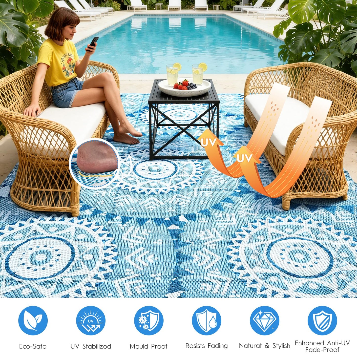 Alfolo Waterproof Outdoor Rug 8'x10'Plastic Straw Reversible Boho Blue & White Lightweight Patio Rug for Deck,Backyard,RV Camping,Poolside, Stain & UV Resistant Fade Proof Portable Outdoor Carpet