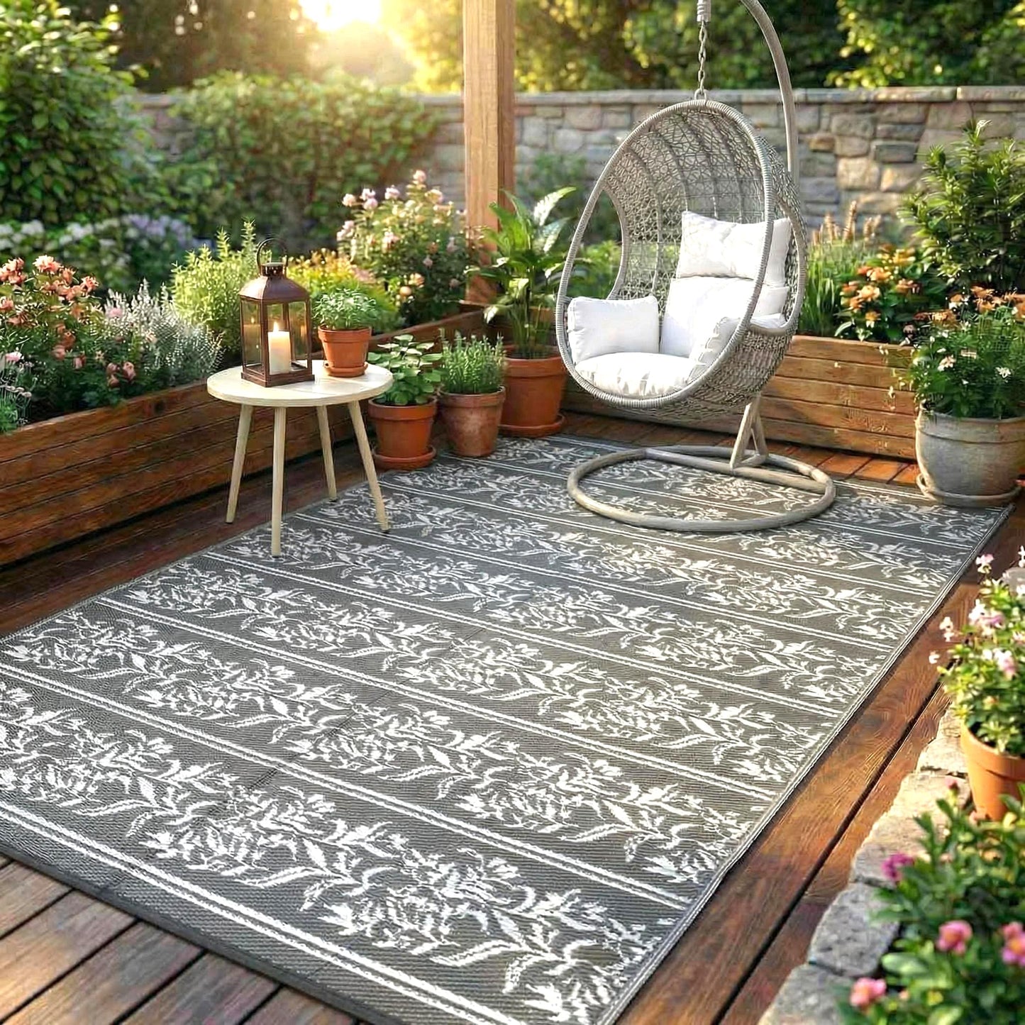 Garvee Outdoor Rugs 5x8 Waterproof Reversible Mat Boho Leaf Patio Rug with 4 Stakes and Starage Bag, Large Outdoor RV Mat Rugs for Camping, Picnic, Balcony, Deck, Backyard, Grey & White