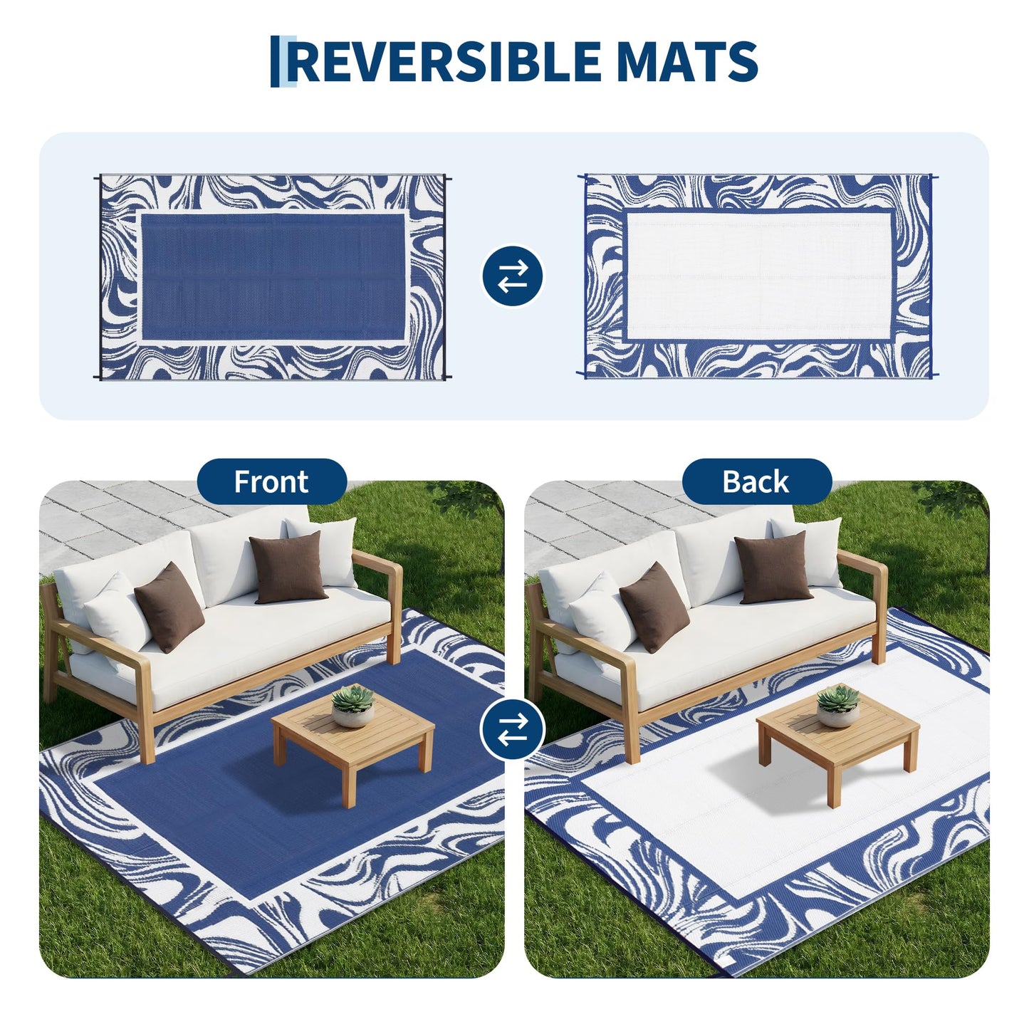 Garvee Outdoor Rug 5x8 Modern Bordered Camping Rug Foldable Plastic Straw Rugs Waterproof Abstract Reversible Large Outdoor Carpet for Patio, RV, Deck, Balcony, Backyard, Picnic, Beach, Clover,Navy