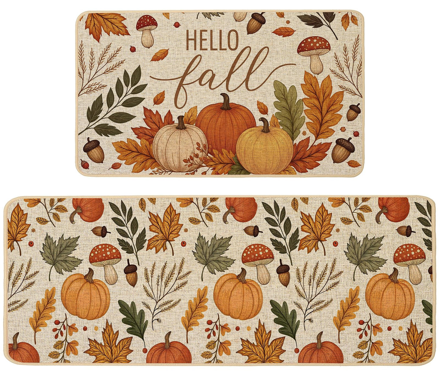 Baccessor Fall Kitchen Rugs Set of 2, Pumpkin Mushroom Kitchen Mats for Floor Washable Low-Profile Farmhouse Autumn Holiday Home Indoor Outdoor Decor 17x29 and 17x47 Inch