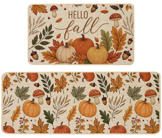 Baccessor Fall Kitchen Rugs Set of 2, Pumpkin Mushroom Kitchen Mats for Floor Washable Low-Profile Farmhouse Autumn Holiday Home Indoor Outdoor Decor 17x29 and 17x47 Inch
