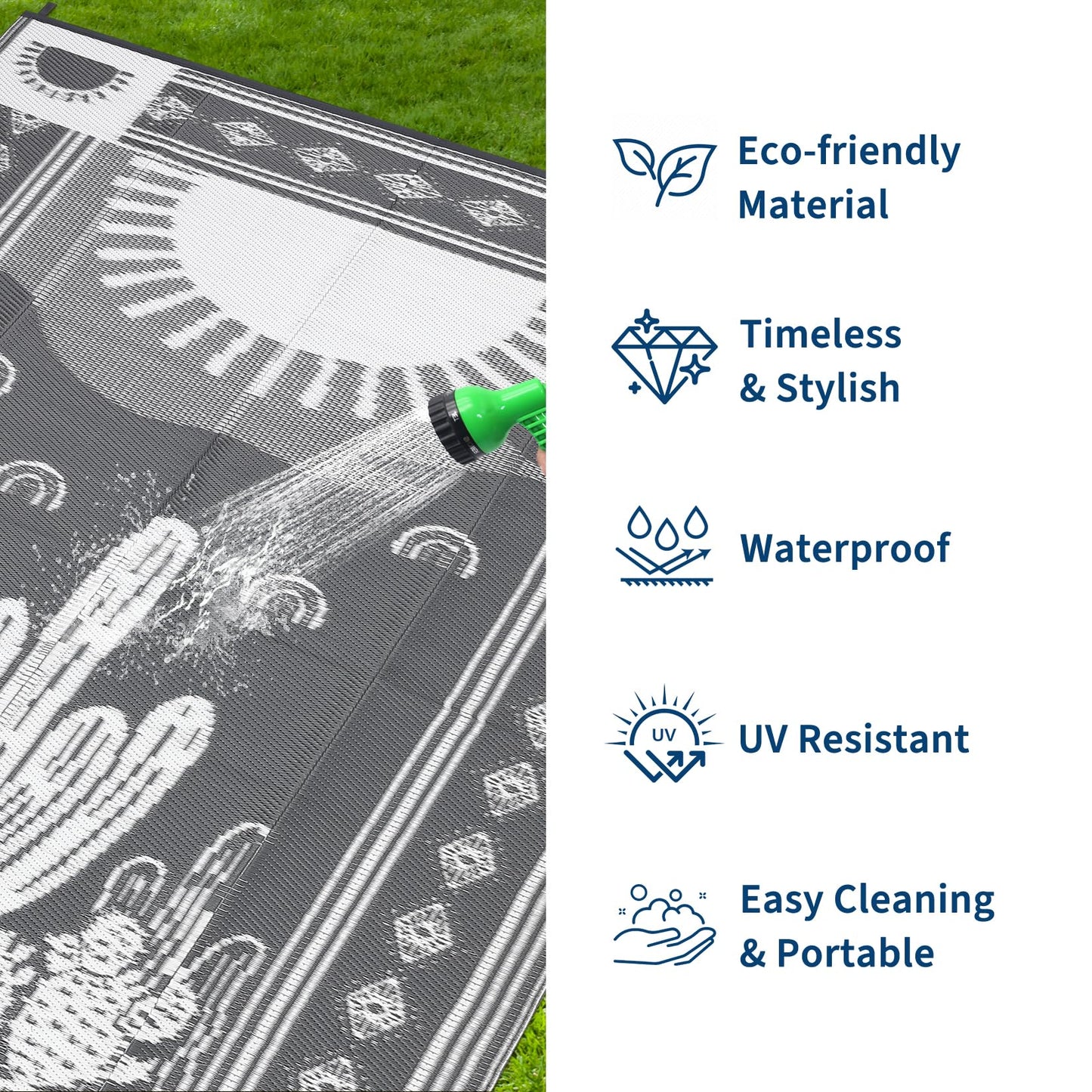 Garvee Waterproof Outdoor Rug 5x8, Cactus Botanical Outdoor Plastic Straw Rug for Camping, Reversible RV Mat Outside, Indoor Outdoor Carpet for Porch, Deck, Backyard, Balcony, Picnic, Grey