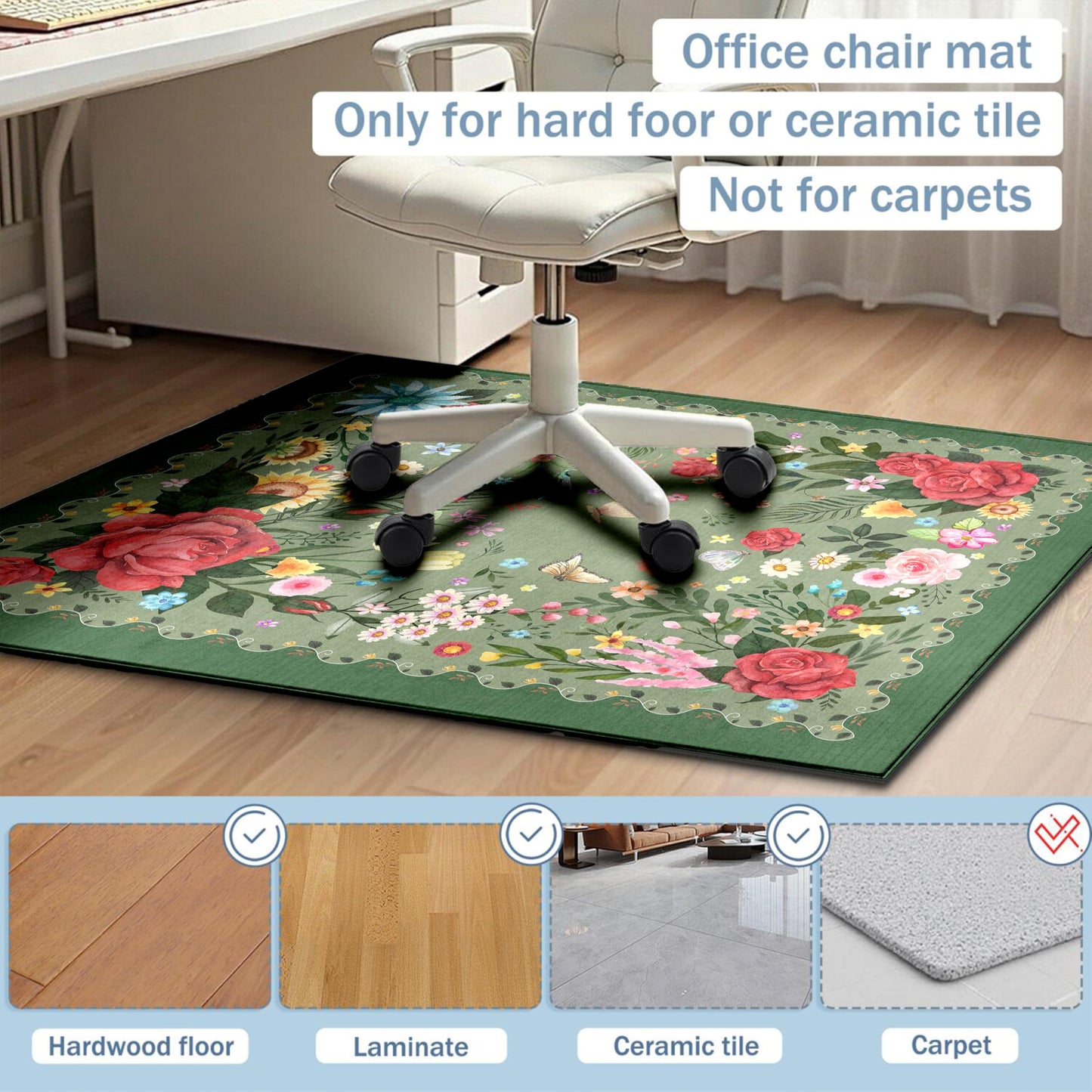 Office Chair Mat,48"x36"Floor Protector,Flowers Desk Chair Mat,Chair Mat for Hard Wood and Tile Floor Chair mats