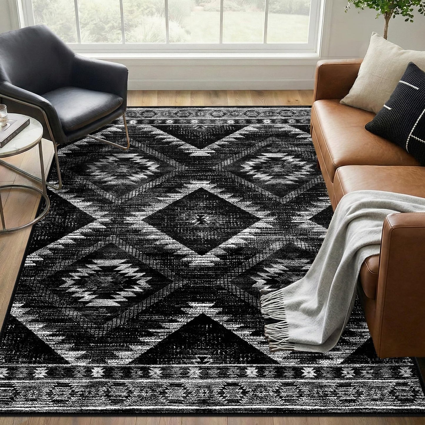 BESTSWEETIE Area Rug 5x7 Rug Machine Washable Non-Slip Low Pile Print Pattern Western Rug for Living Room Bedroom Entryway Tribal Series -Black