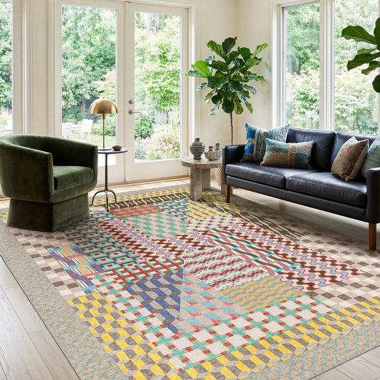 Kokia 8x10 Modern Geometric Washable Area Rug, Non-Slip Stain-Resistant Low Pile Rug for Living Room, Bedroom, Dining Room, Multicolor Bauhaus Grey