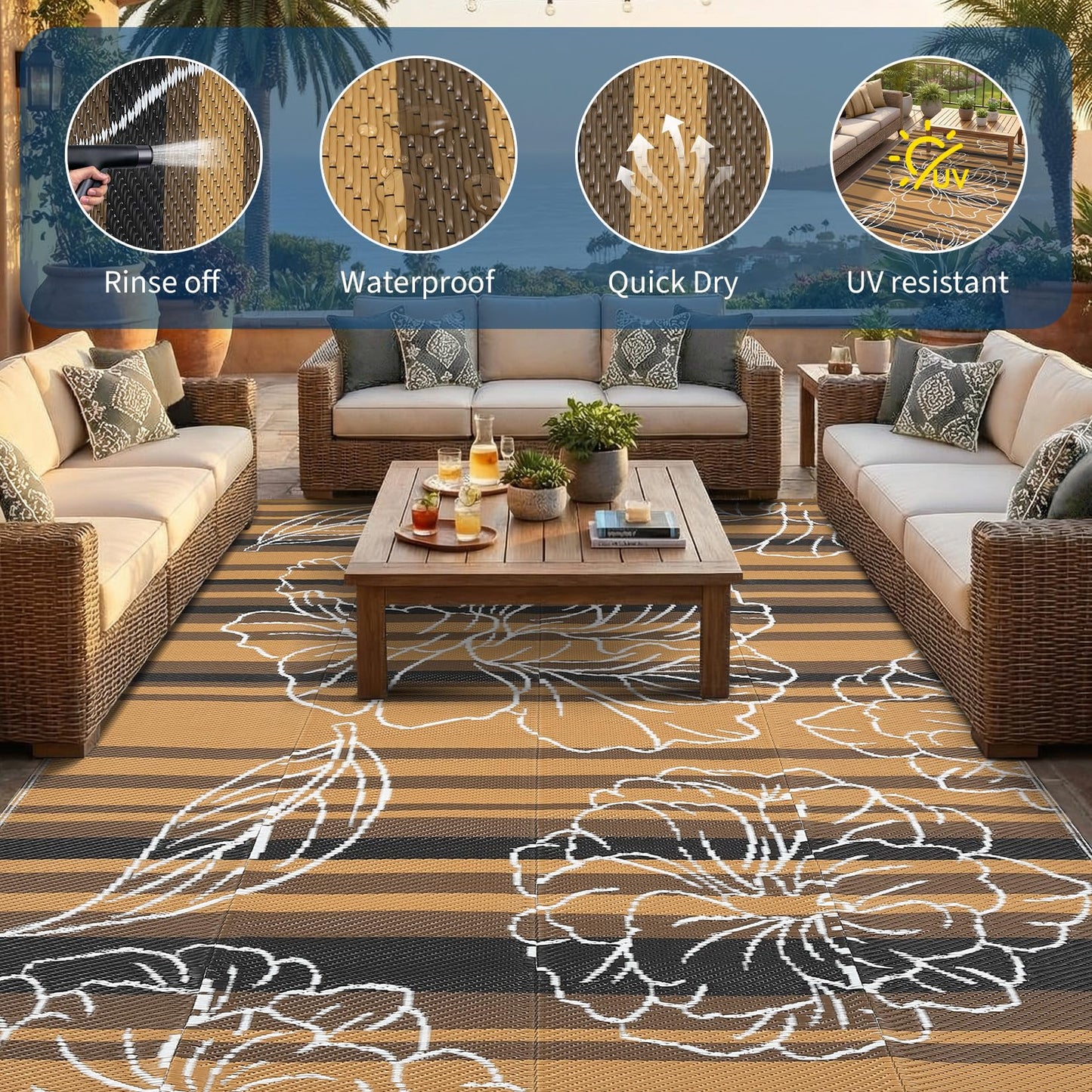Garvee 5x8 Outdoor Waterproof Rug, Floral Outdoor Area Rug，Reversible Plastic Straw Patio Rug, Portable Camping Mat for RV, Picnic, Beach, Balcony, Garden & Camping Black&Brown