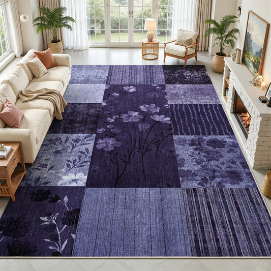 DweIke Area Rugs 4'x6' Washable Purple Rug for Living Room, Non-Slip Modern Geometric Patchwork Stain Resistant Indoor Throw Carpet for Bedroom Dining Room Farmhouse Office Decor