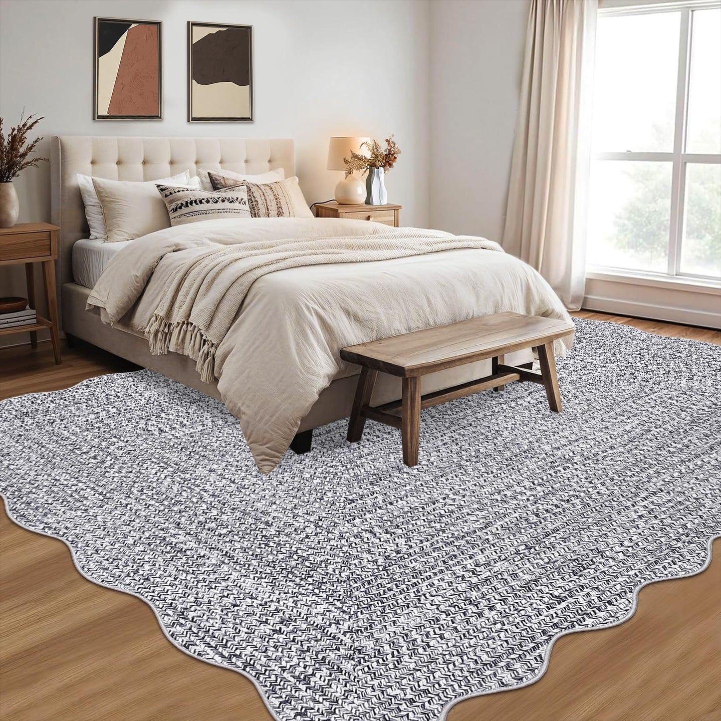 GlowSol Washable Rug 5x7 Farmhouse Scalloped Rug with Non Slip TPR Backing, Low Pile Non Shedding Rugs, Soft Solid Rugs Foldable Mat for Living Room Nursery Dining Room, Grey