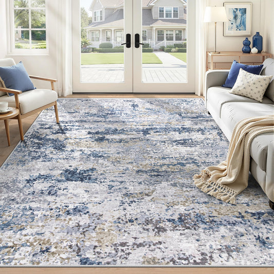6x9 Area Rugs for Living Room: Washable Abstract Neutral Rug Modern Soft Non Slip Low Pile Rugs Floor Indoor Stain Resistant Carpet for Bedroom Dining Room Nursery Home Office (Blue, 6'x9')