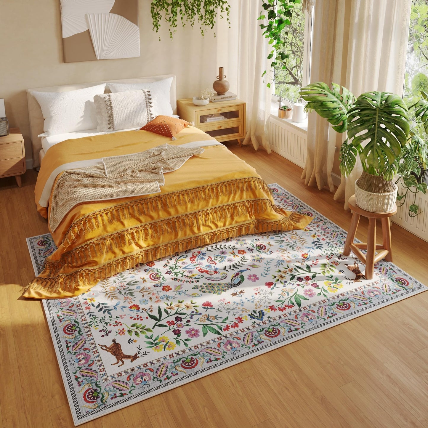 Rugcomf Living Room Rug 5x7 Rug Machine Washable Area Rug Floral Non-Slip Low Pile Large Rugs for Living Room, Bedroom, Farmhouse, Dining Room, Kids Playroom(Colorful)