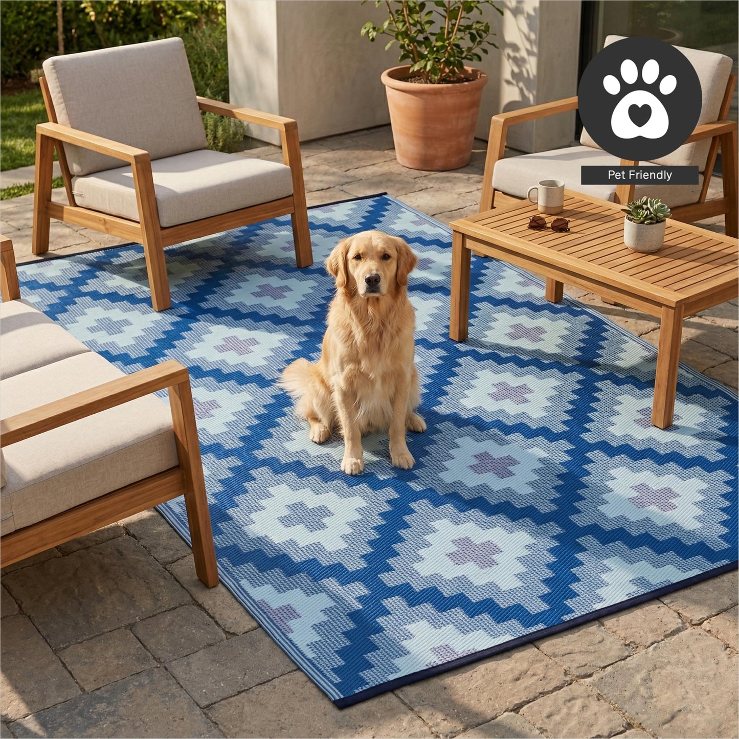 FH Home Outdoor Rug - Waterproof, Fade Resistant, Reversible - Premium Recycled Plastic - Geometric - Patio, Deck, Porch, Balcony, Laundry Room - Aztec Kilim - Blue Multi Crease Free - 4 x 6 ft