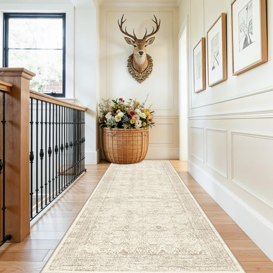 3x10 Runner Rug Washable Hallway: Non Slip Farmhouse Kitchen Carpet with Rubber Backing for Entryway Long Soft Vintage Indoor Floor Mat for Bathroom Bedroom (Beige/Ivory 3'x10')