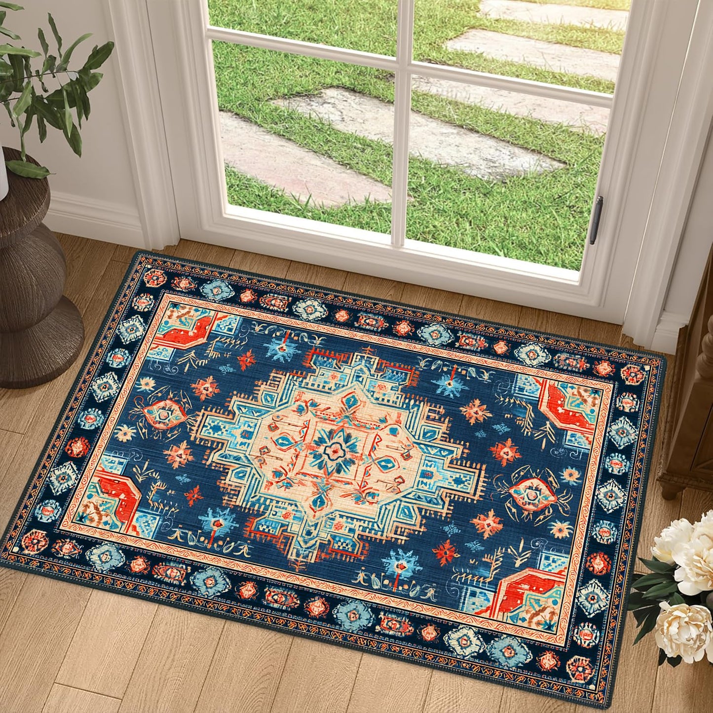 Navy Blue Coral Tribal 2x3 Entry Rug,Washable Small Rugs for Entryway Kitchen Bathroom Door Mat Indoor Entrance,Non Slip Rubber Backing,Stain & Fade Resistant,Bohemian Southwestern Decor