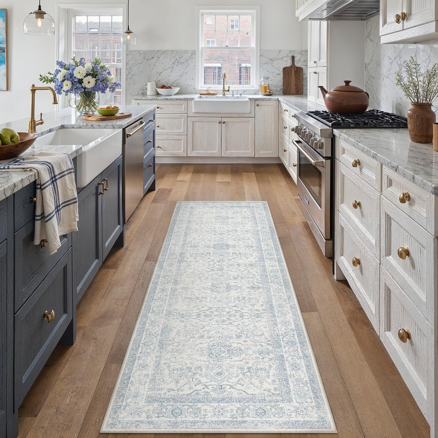 HUGEAR 2x6 Runner Rug Hallway Retro Light Blue Machine Washable Vintage Floral Low Pile Carpet Vacuumable Distressed Long Throw Rug Kitchen Bedroom Laundry Office Bathroom Non Slip Soft Lightweight