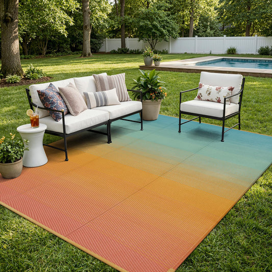 Lahome Camping Rugs for Outside Your Rv 5x8 Indoor Outdoor Carpet Waterproof Plastic Straw Rug, Reversible Camping Mats Large Porch Rug for Patio,Backyard, Balcony,Deck,Blue-Orange 5x8