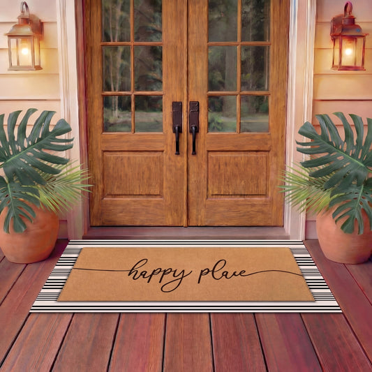 Tinideya 2 Pcs Summer Door Mat 17"x47" Happy Place Welcome Non Slip Coir Mats Large Floor Layering Black White Stripes Doormats Seasonal for Front Porch Entryway Decor