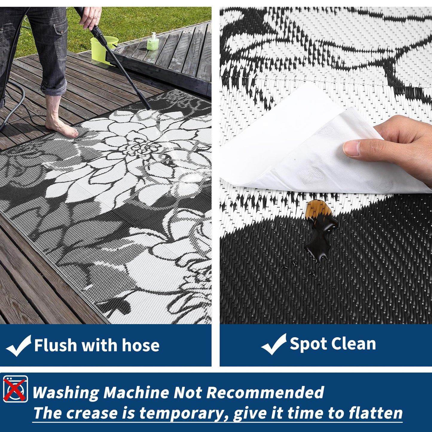 IDEALHOUSE Reversible Outdoor Rug, 320GSM Recycled Plastic Patio Rug, Lightweight Folding Camping Mat with Carry Bag and 4 Stakes, for RV, Picnic, Beach, Balcony, Black White, 9x18 ft