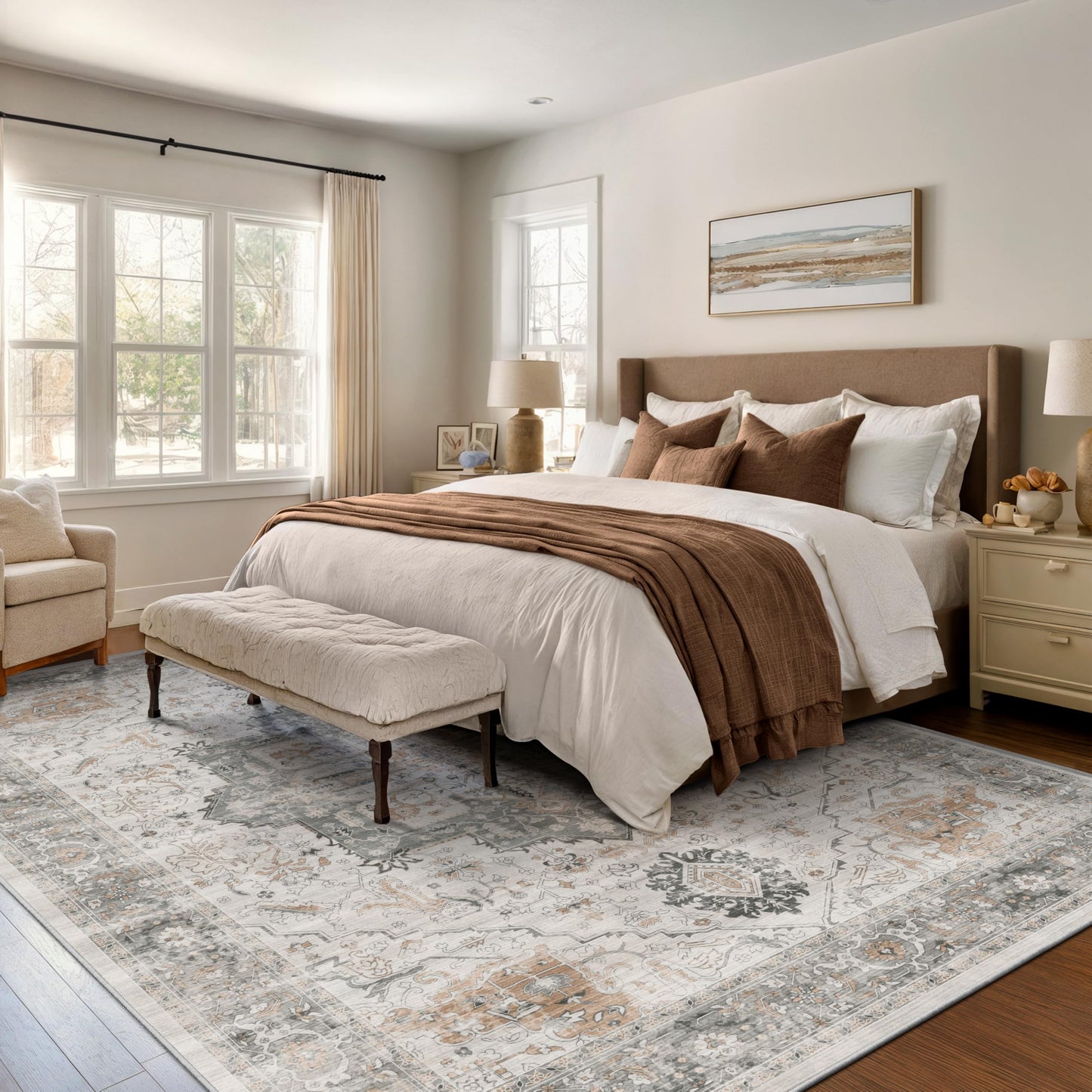 Rugland Washable Rugs 8x10 - Low Pile 8x10 Area Rugs, Anti Slip Stain Resistant Large Rugs for Living Room, Vintage Medallion Printed Machine Washable Area Rugs(8'x10', Taupe/Grey)