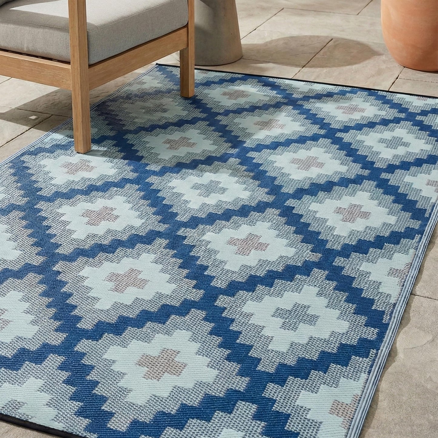 FH Home Outdoor Rug - Waterproof, Fade Resistant, Reversible - Premium Recycled Plastic - Geometric - Patio, Deck, Porch, Balcony, Laundry Room - Aztec Kilim - Blue Multi Crease Free - 4 x 6 ft