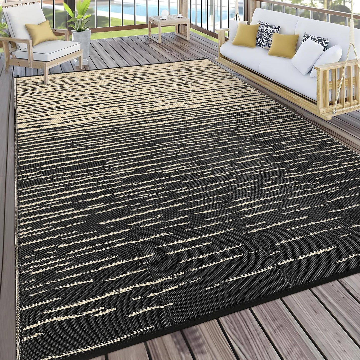 COZYLOOM Striped 5x8 RV Outdoor Rug Waterproof, Modern Outdoor Plastic Straw Rug, Foldable Lightweight Reversible UV Resisatnt Rugs for Picnic Backyard Deck Balcony Porch Beach Camper, Black Coffee