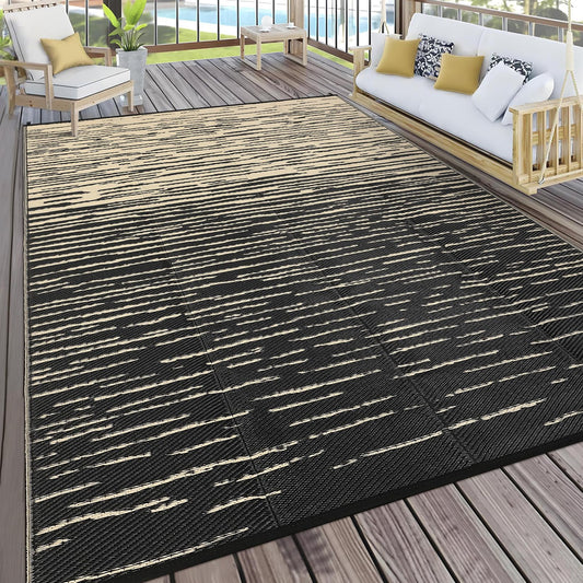 COZYLOOM Striped 5x8 RV Outdoor Rug Waterproof, Modern Outdoor Plastic Straw Rug, Foldable Lightweight Reversible UV Resisatnt Rugs for Picnic Backyard Deck Balcony Porch Beach Camper, Black Coffee